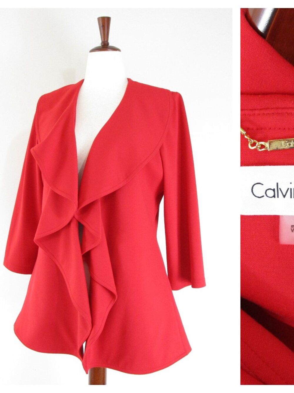 Calvin Klein Red Ruffle Open Front Blazer Jacket Size 12 Formal Business Career